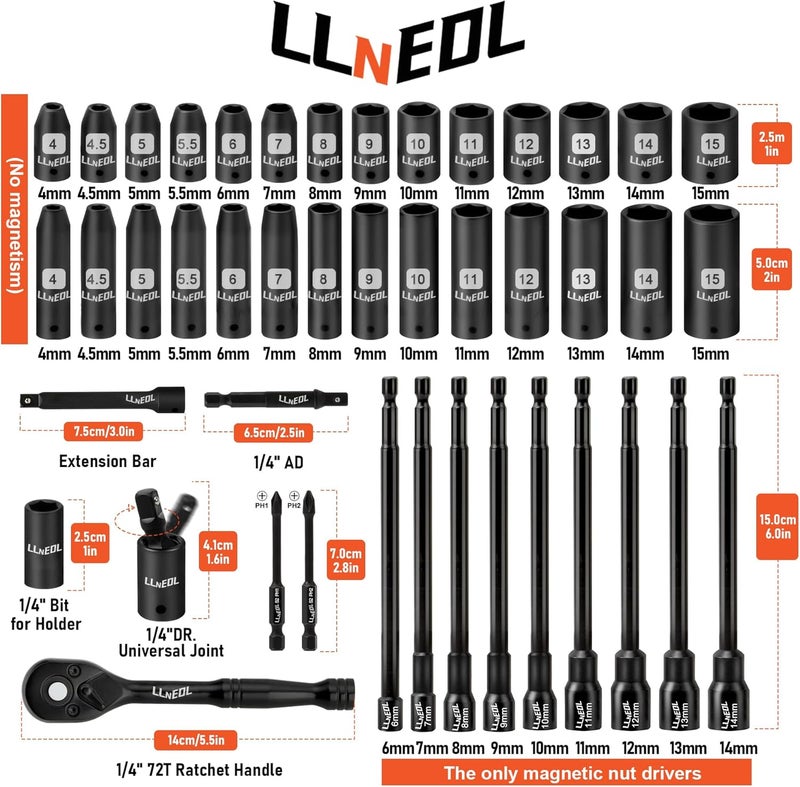 LLNEDL 1/4 inch Drive Socket Set & Nut Driver Set 44PCS, Metric Sockets Deep&Shallow (4-15mm) with Ratchet, 6" Magnetic Nut Drivers with 1/4" Hex Shank(6-14mm), Drill Bits (PH1/PH2) - Image 2